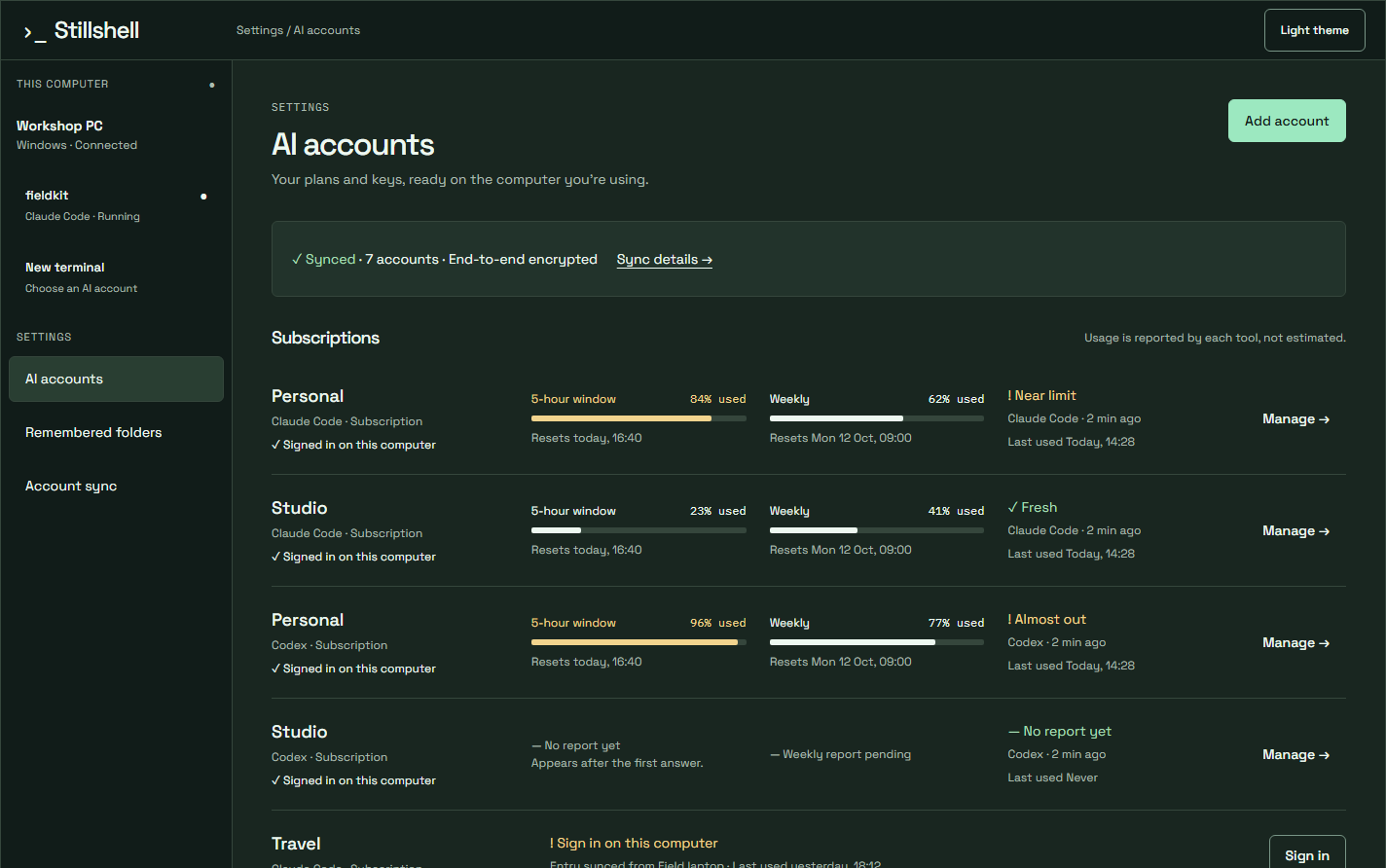 AI accounts settings, synced and end-to-end encrypted, with Claude Code and Codex subscriptions, usage bars and near-limit, almost-out and fresh labels