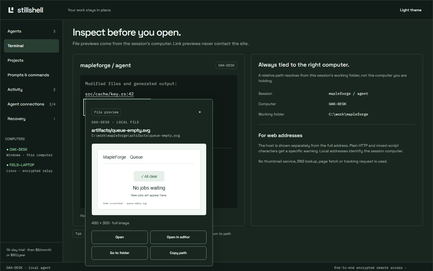 Hover preview of a printed image path with a thumbnail, Open, Open in editor, Go to folder and Copy path