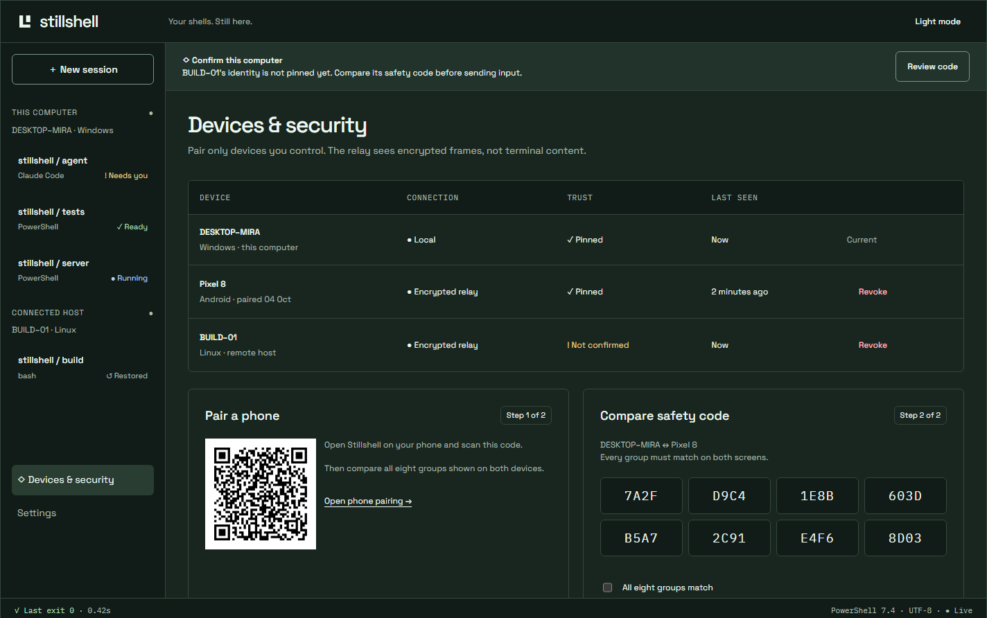 Devices & security with devices and their connection and trust states, pairing a phone with a QR code and an eight-group safety code to compare