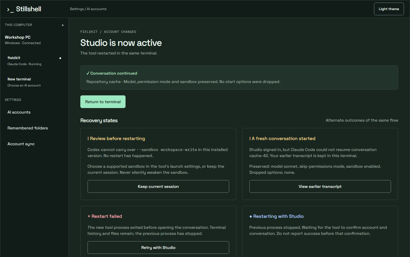 After the switch, Studio is now active and the conversation continues, with recovery outcomes for other sessions: review before restarting, fresh conversation started, restart failed, restarting
