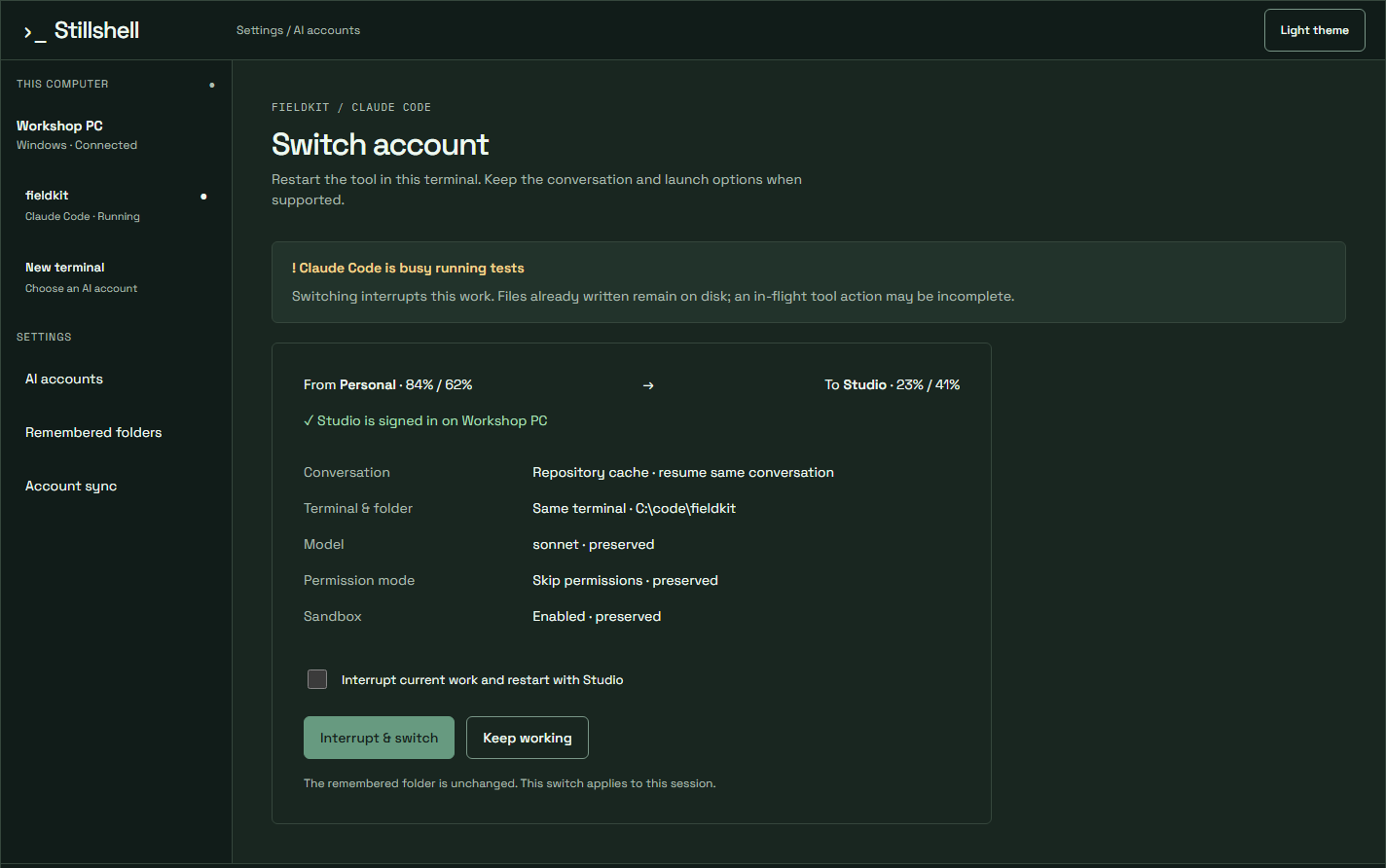 Switch account review while Claude Code is busy running tests, from Personal to Studio, with conversation, terminal and folder, model, permission mode and sandbox carried over, and an interrupt acknowledgement
