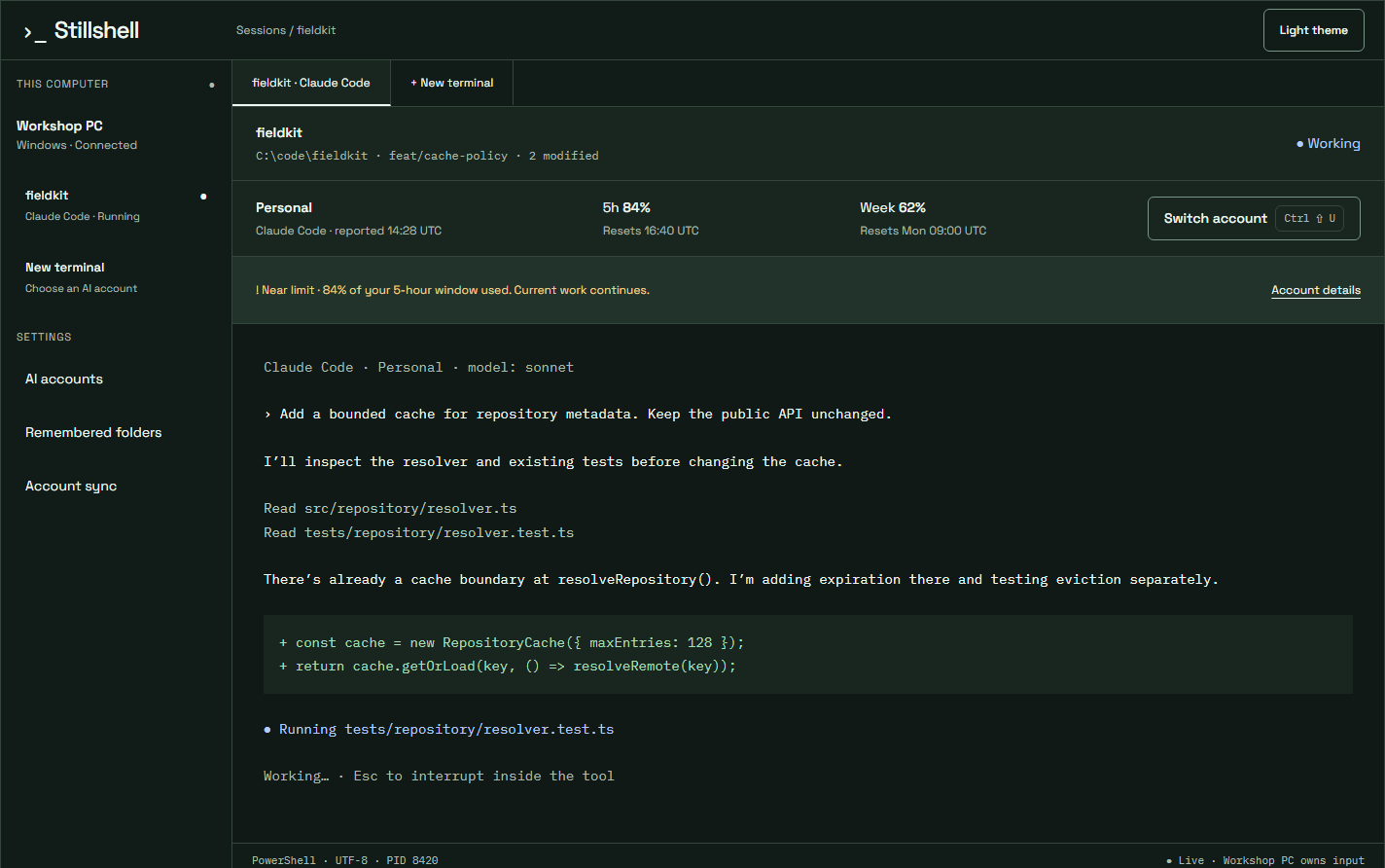 Live usage strip above a Claude Code transcript showing the Personal account, five-hour and weekly percentages, reset times, Switch account and a near-limit notice